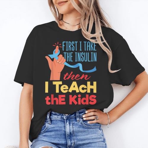 Diabetic Teacher Diabetes Awareness Insulin Blue Ribbon Women's T-Shirt - teacherstshirts.com UK