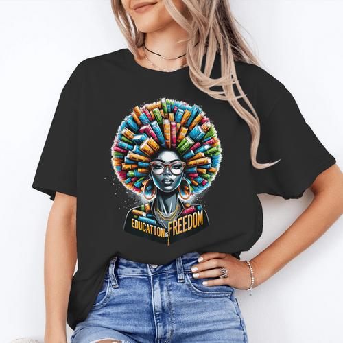 Education Is Freedom History Month Teacher Books Afro Women's T-Shirt - teacherstshirts.com DE