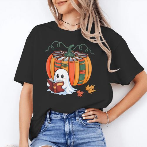 Fall Book Pumpkin Ghost Reading Books Halloween Teacher Women's T-Shirt - teacherstshirts.com DE