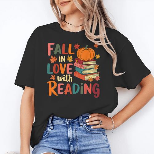 Fall In Love With Reading Autumn Thanksgiving Shirt Teacher Women's T-Shirt - teacherstshirts.com DE