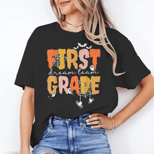 First Grade Dream Retro Team Fall Halloween Spooky Teachers Women's T-Shirt - teacherstshirts.com