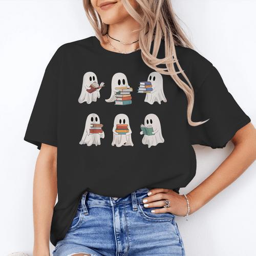 Ghost Reading Books Teacher Halloween Librarian Cute Boook Women's T-Shirt - teacherstshirts.com