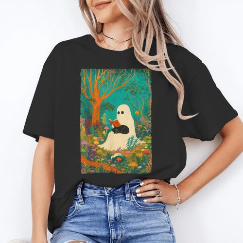 Groovy Ghost Reading Book Cat Halloween Ghost Teacher Women's T-Shirt - teacherstshirts.com UK
