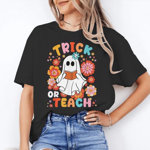 Groovy Halloween Trick Or Teach Retro Floral Ghost Teacher For Men Women Kids Women's T-Shirt - teacherstshirts.com AU