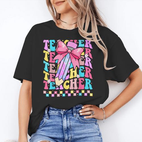 Groovy Teacher Cute Coquette Bow Flower Retro Back To School Women's T-Shirt - teacherstshirts.com AU