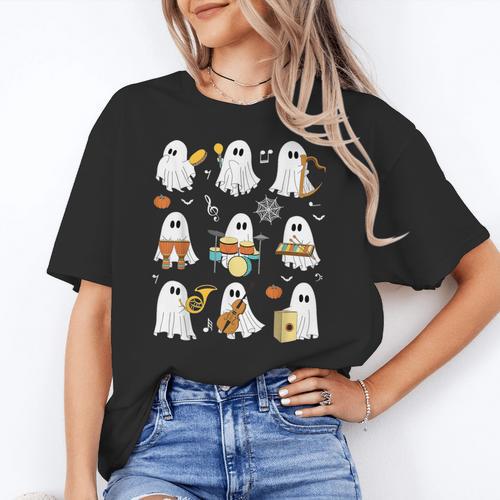 Halloween Ghost Playing Musical Instruments Music Teacher Women's T-Shirt - teacherstshirts.com CA