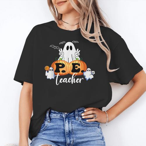Halloween PE Teacher Ghosts Pumpkins Sports Lover Women's T-Shirt - teacherstshirts.com