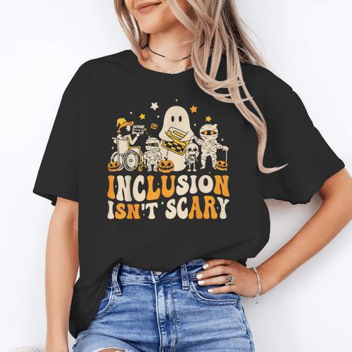 Inclusion Isn't Scary Mummy Boo Ghost Halloween SLP Teacher Women's T-Shirt - teacherstshirts.com UK
