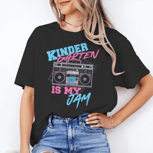 Kindergarten Is My Jam Vintage 80s Boombox Teacher Student Women's T-Shirt - teacherstshirts.com UK