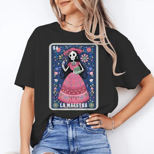 La Maestra Halloween Mexican Bingo Card Teacher Lottery Card Women's T-Shirt - teacherstshirts.com AU