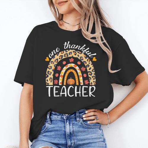 One Thankful Teacher Thanksgiving Rainbow Leopard Fall Women's T-Shirt - teacherstshirts.com AU