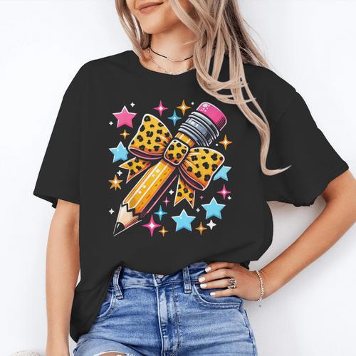 Pencil Leopard Coquette Bow Teacher Life Back To School Women's T-Shirt - teacherstshirts.com AU