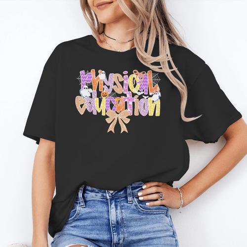 Physical Education Halloween Bow Checkered Teacher Ghost PE Women's T-Shirt - teacherstshirts.com AU