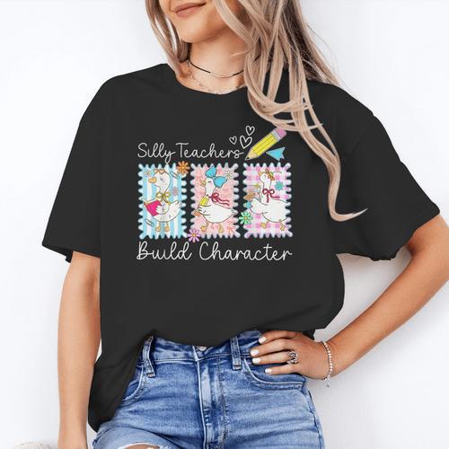 Preppy Silly Teacher Goose Build Character Back To School Women's T-Shirt - teacherstshirts.com DE