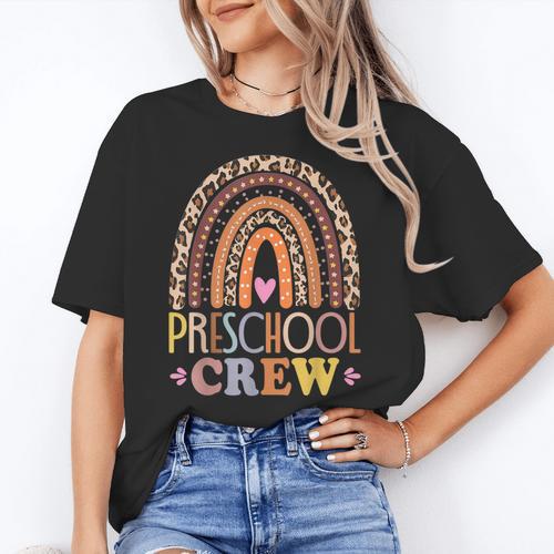 Preschool Crew Cute Leopard Rainbow Back To School Teachers Women's T-Shirt - teacherstshirts.com AU