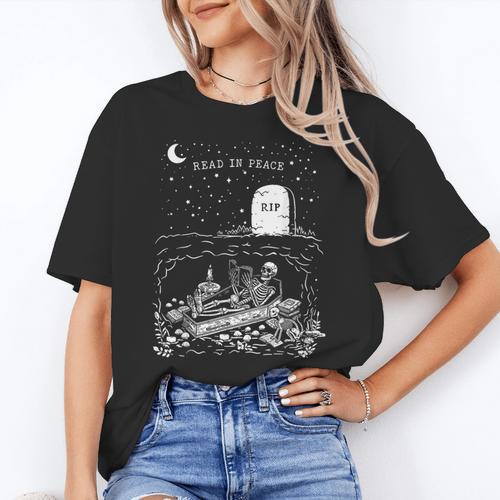 Read In Peace Skeleton Halloween Book Reading Spooky Teacher Women's T-Shirt - teacherstshirts.com CA
