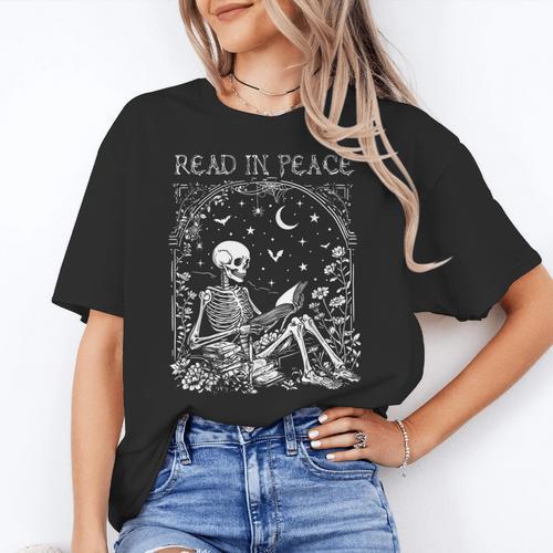 Read In Peace Skeleton Reading Teacher Spooky Halloween Women's T-Shirt - teacherstshirts.com AU