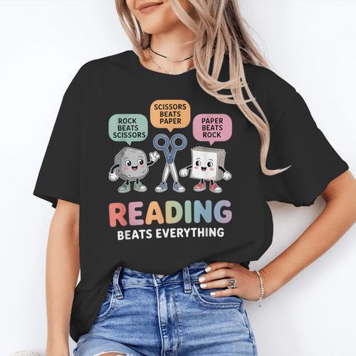 Reading Beats Everything Teacher Rock Paper Scissors Women's T-Shirt - teacherstshirts.com AU