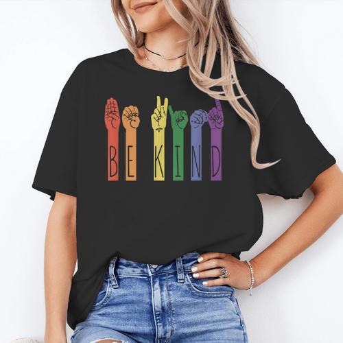 Retro Be Kind ASL Deaf Teacher Sign Language Gay Pride Women's T-Shirt - teacherstshirts.com UK