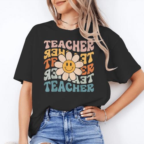 Retro Teacher Daisy Colorful Elementary School Teacher Women's T-Shirt - teacherstshirts.com CA