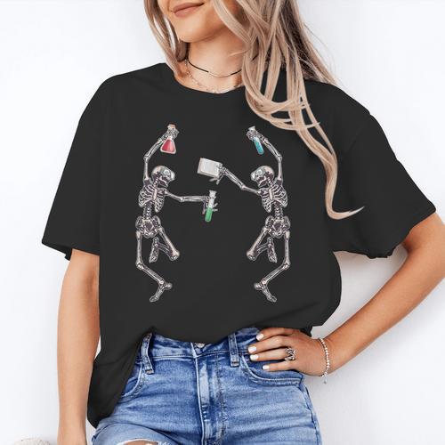 Science Teacher Dancing Skeleton Halloween Chemist Scientist Women's T-Shirt - teacherstshirts.com CA