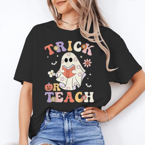 Teacher Halloween Trick Or Teach Floral Ghost Women's T-Shirt - teacherstshirts.com AU