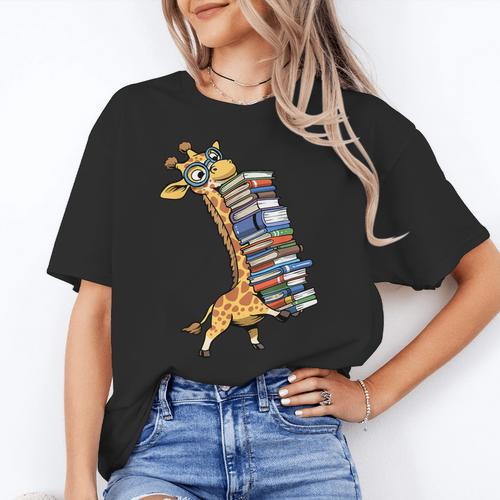 Teacher Shirt Giraffe Holding Books Bookworm Librarian Women's T-Shirt - teacherstshirts.com