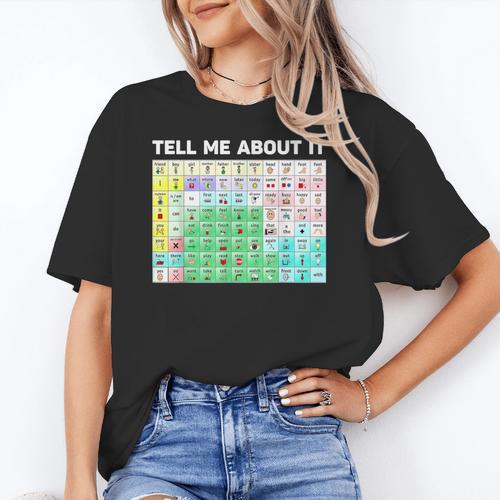 Tell Me About It Speech Language Pathology AAC Sped Teacher Women's T-Shirt - teacherstshirts.com