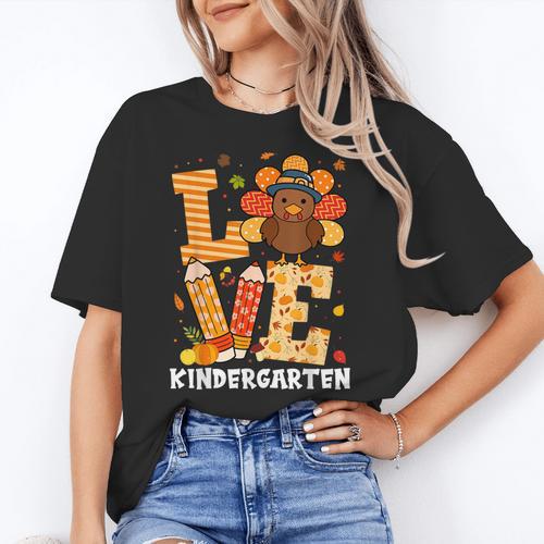Thanksgiving Love Kindergarten Teacher Turkey Autumn Fall Women's T-Shirt - teacherstshirts.com CA