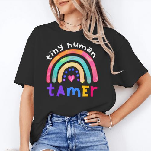 Tiny Human Tamer Watercolor Rainbow Daycare Teacher Women's T-Shirt - teacherstshirts.com