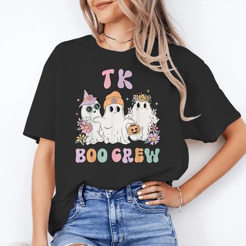 TK Boo Crew Retro Groovy Halloween Floral Ghost TK Teacher Women's T-Shirt - teacherstshirts.com DE