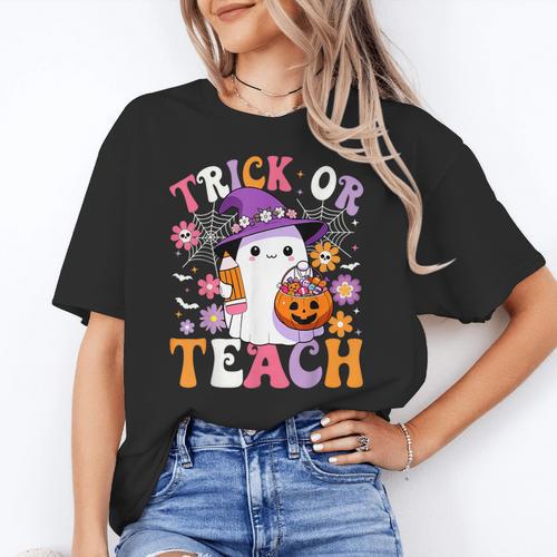 Trick Or Teach Groovy Teacher Ghost Halloween Teacher Women's T-Shirt - teacherstshirts.com AU