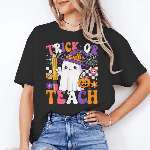 Trick Or Teach Teacher Pencil Ghost Halloween Teacher Women's T-Shirt - teacherstshirts.com AU