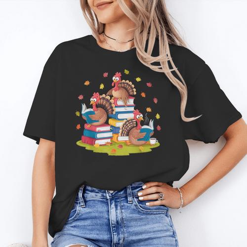 Turkey Reading Books Fall Season Thanksgiving Teacher Book Women's T-Shirt - teacherstshirts.com AU