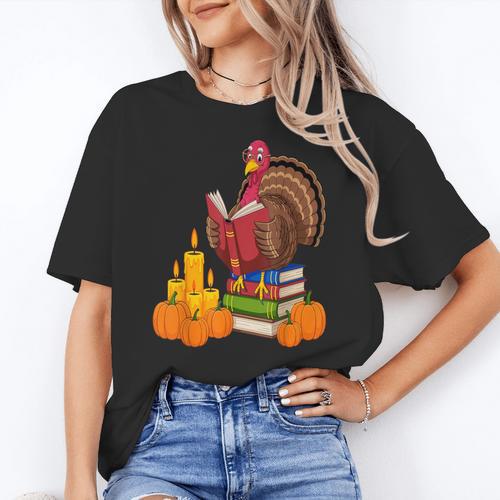 Turkey Reading Books Fall Thanksgiving Teacher Book Women's T-Shirt - teacherstshirts.com AU