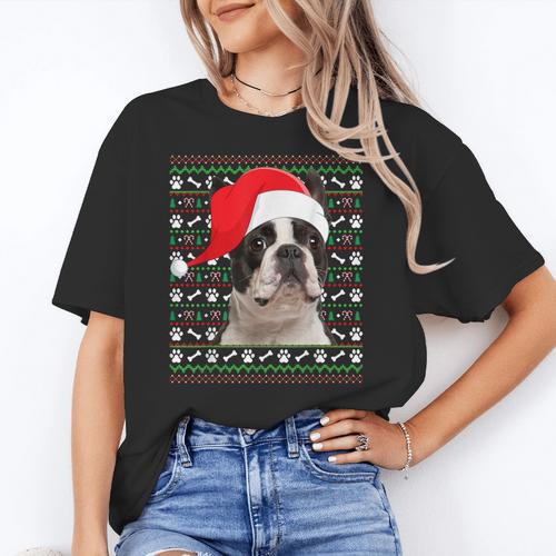 Ugly Xmas Sweater Santa Boston Terrier Dog Christmas For Men Women Kids Women's T-Shirt - Bostonterriersmerch.com