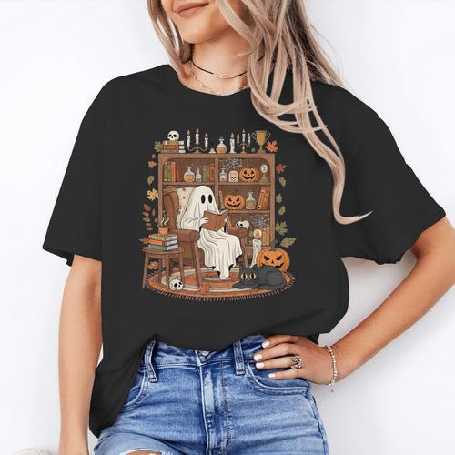 Vintage Ghost Book Reading Pumpkin Gothic Halloween Teachers Women's T-Shirt - teacherstshirts.com