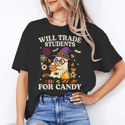 Will Trade Students For Candy Teacher Ghost Halloween Women's T-Shirt - teacherstshirts.com