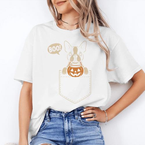 Boston Terrier Halloween Cute Bostie Dog Pocket Boo Women's T-Shirt - Bostonterriersmerch.com