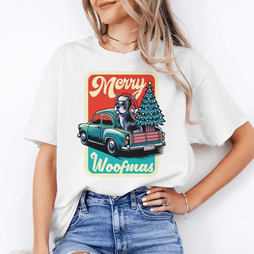 Boston Terrier Merry Christmas Tree Truck Santa Dog X-Mas Women's T-Shirt - Bostonterriersmerch.com