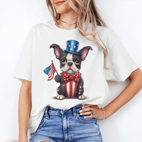 Boston Terrier Puppy Dog Holds His American Flag 4th Of July Women's T-Shirt - Bostonterriersmerch.com