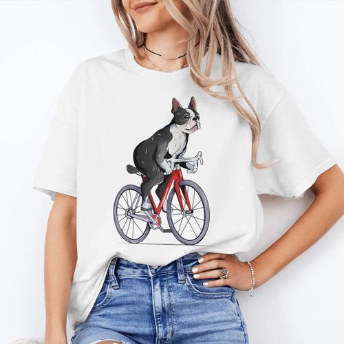 Boston Terrier Riding Bicycle Cute Bostie Biker Raglan Baseball Tee Women's T-Shirt - Bostonterriersmerch.com