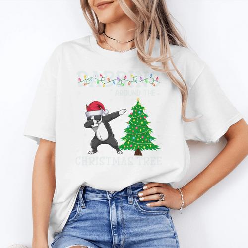 Boston Terrier Santa Hat Dabbing Around The Christmas Tree Women's T-Shirt - Bostonterriersmerch.com