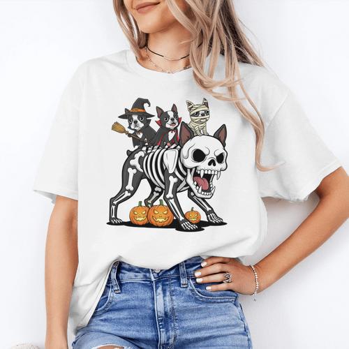 Boston Terrier Skeleton Mummy Witch Halloween Women's T-Shirt - Bostonterriersmerch.com