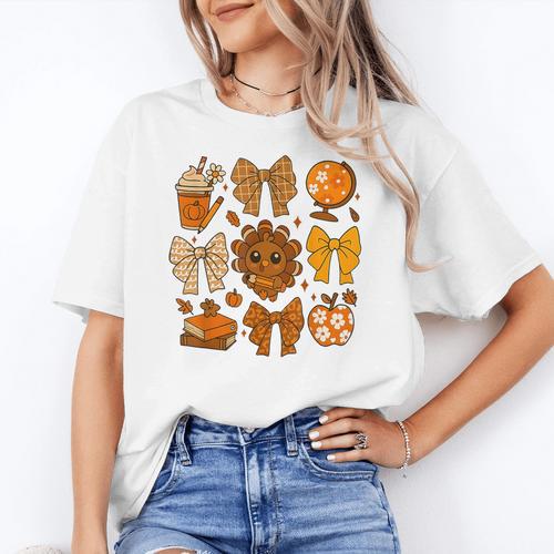Coquette Teach Teacher Bows Thanksgiving Turkey Fall Autumn Women's T-Shirt - teacherstshirts.com UK