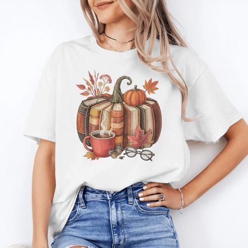 Fall Book Pumpkin Retro Reading Halloween Teacher Women's T-Shirt - teacherstshirts.com UK