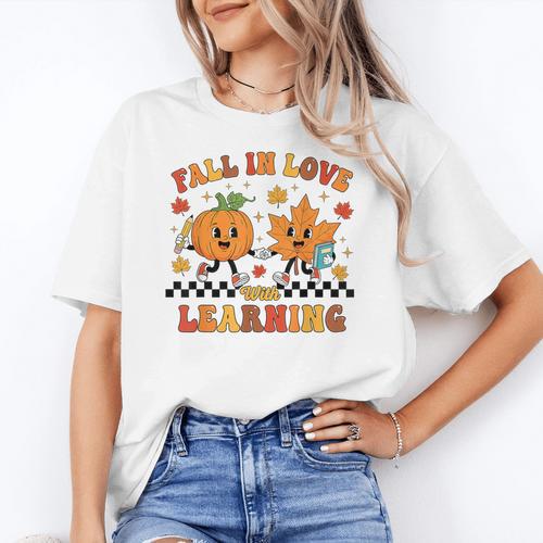 Fall In Love With Learning Teacher Student Autumn Pumpkin Women's T-Shirt - teacherstshirts.com UK