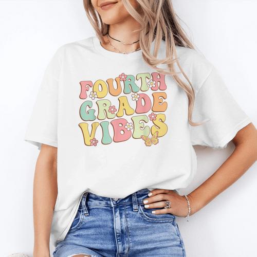 Fourth Grade Vibes Hello Team 4th Grade Teacher Kids Retro Women's T-Shirt - teacherstshirts.com AU