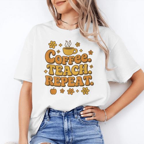Groovy Coffee Teach Repeat Retro Teacher Women's T-Shirt - teacherstshirts.com UK