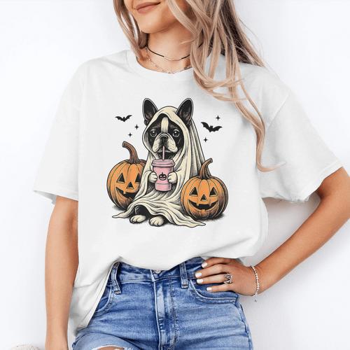Halloween Boston Terrier Ghost Women's T-Shirt - Bostonterriersmerch.com